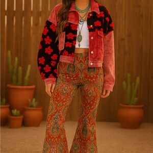 Boho Long Sleeve Button Closure Front Pockets Sherpa Corduroy Jacket